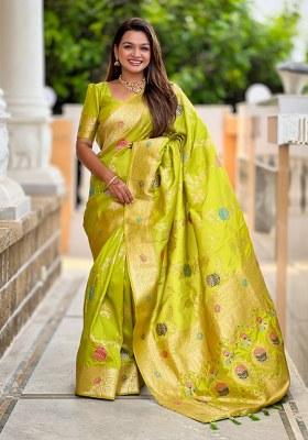 Green Woven Silk Blend Saree Set