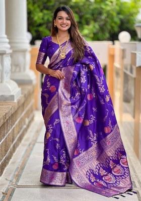 Purple Woven Silk Blend Saree Set