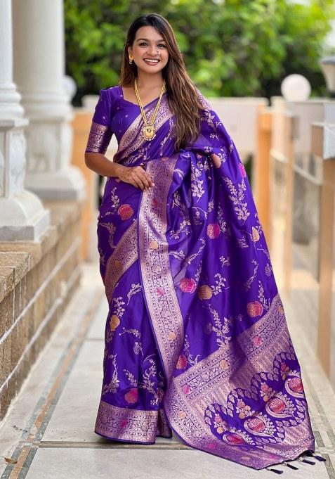 Purple Woven Silk Blend Saree Set