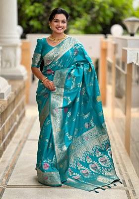 Sea Green Woven Silk Blend Saree Set
