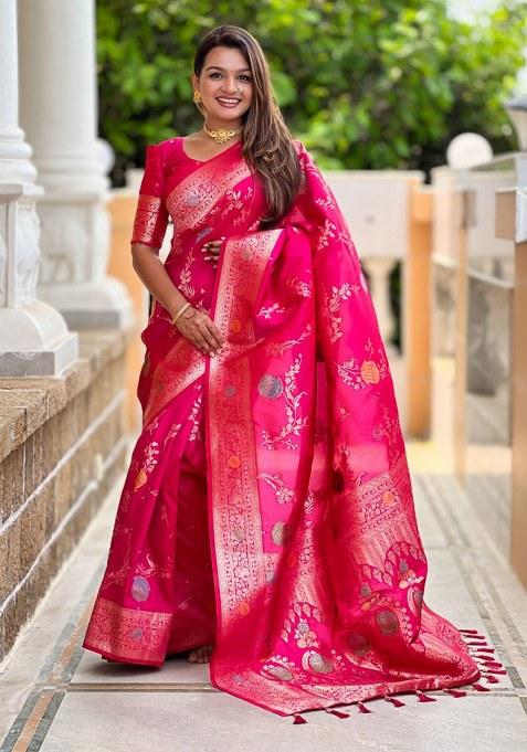 Pink Woven Silk Blend Saree Set