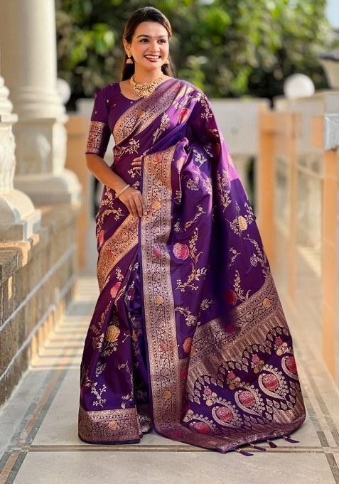 Voilet Woven Silk Blend Saree Set
