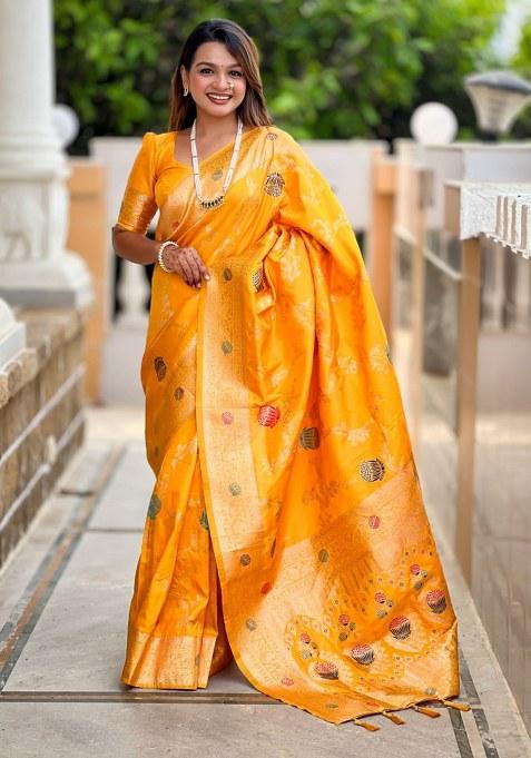 Yellow Woven Silk Blend Saree Set