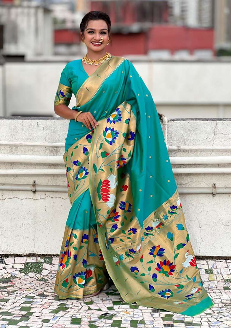 Sea Green Woven Silk Blend Saree Set for Diwali and Festive Wear - Indya