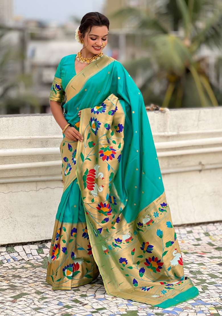 Sea Green Woven Silk Blend Saree Set for Diwali and Festive Wear - Indya