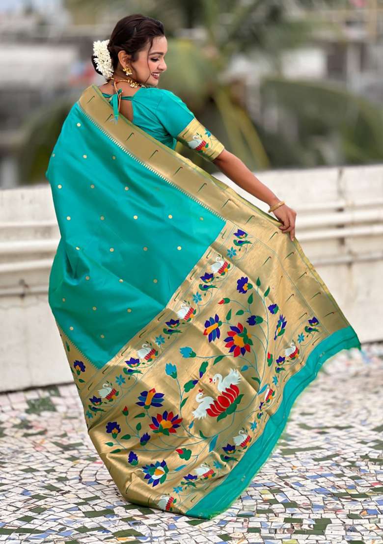 Sea Green Woven Silk Blend Saree Set for Diwali and Festive Wear - Indya