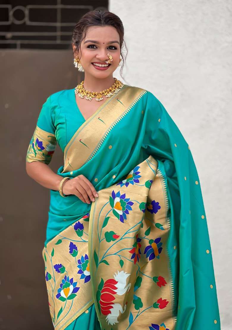 Sea Green Woven Silk Blend Saree Set for Diwali and Festive Wear - Indya