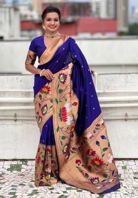 Blue Woven Silk Blend Saree Set