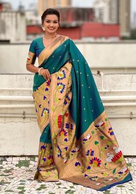 Green Woven Silk Blend Saree Set