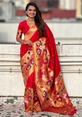 Red Woven Silk Blend Saree Set