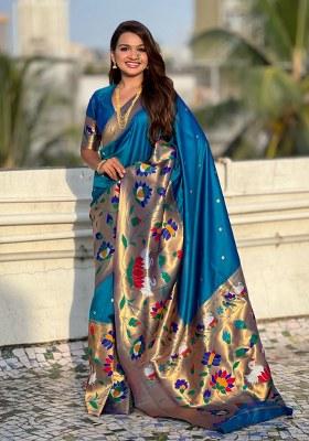 Teal Blue Woven Silk Blend Saree Set