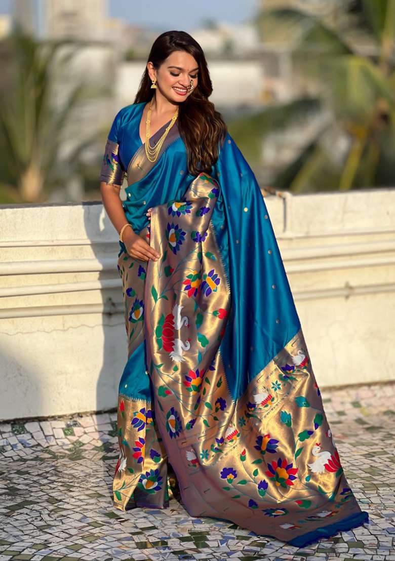 Teal Blue Woven Silk Blend Saree Set for Diwali and Festive Wear - Indya