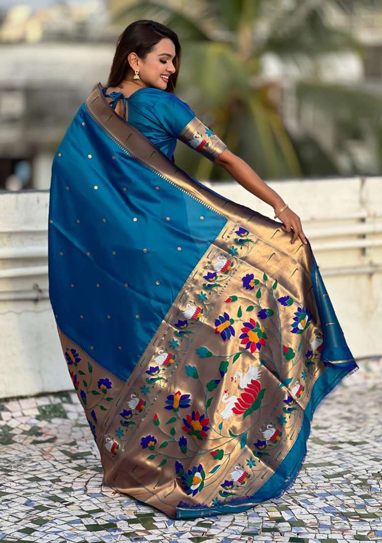 Teal Blue Woven Silk Blend Saree Set for Diwali and Festive Wear - Indya