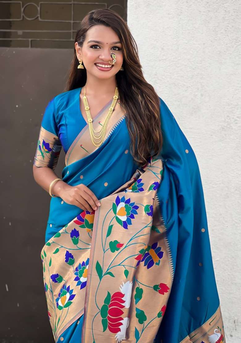 Teal Blue Woven Silk Blend Saree Set for Diwali and Festive Wear - Indya