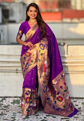 Lavender Woven Silk Blend Saree Set