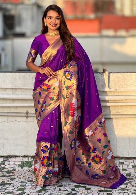 Lavender Woven Silk Blend Saree Set