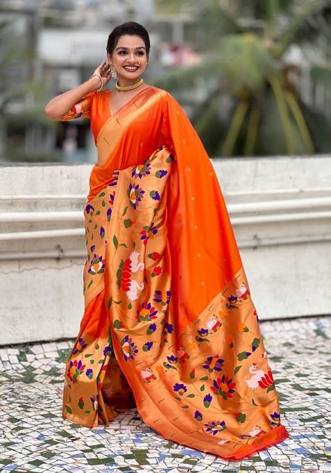 Orange Woven Silk Blend Saree Set