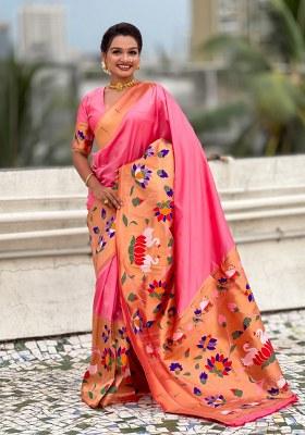 Pink Woven Silk Blend Saree Set