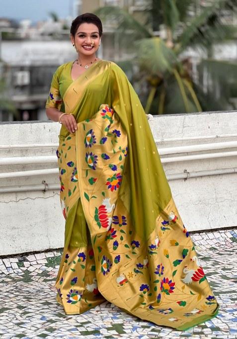 Green Woven Silk Blend Saree Set