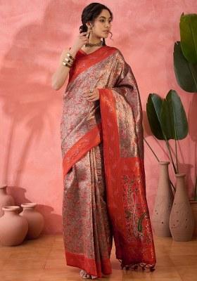 Brown Woven Silk Blend Saree Set