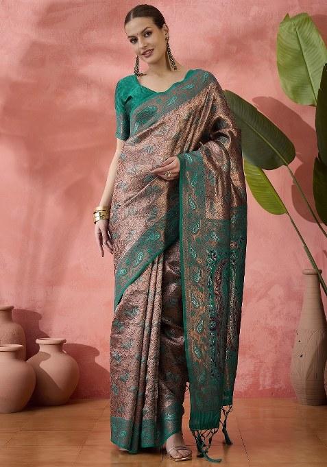 Green Woven Silk Blend Saree Set