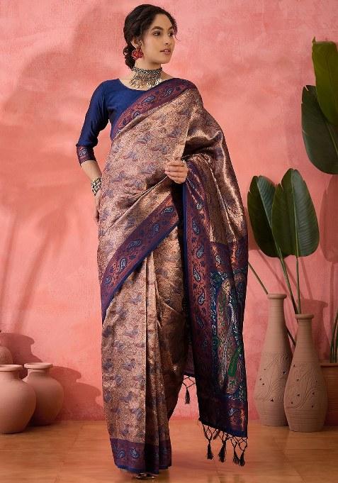 Blue Woven Silk Blend Saree Set