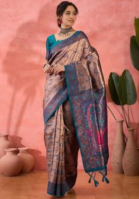 Teal Blue Woven Silk Blend Saree Set