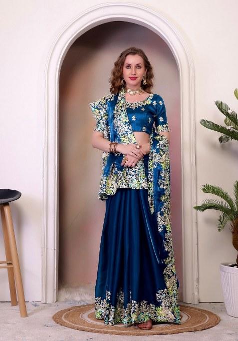 Blue Embroidered Chiffon Saree Set