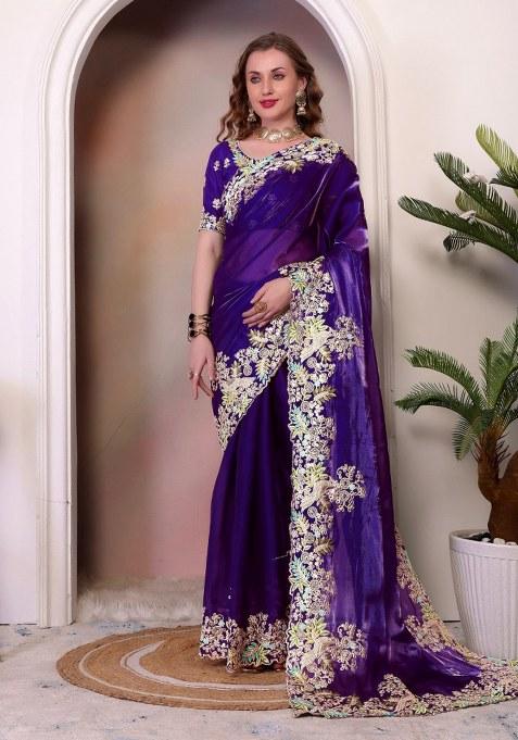 Purple Embroidered Chiffon Saree Set