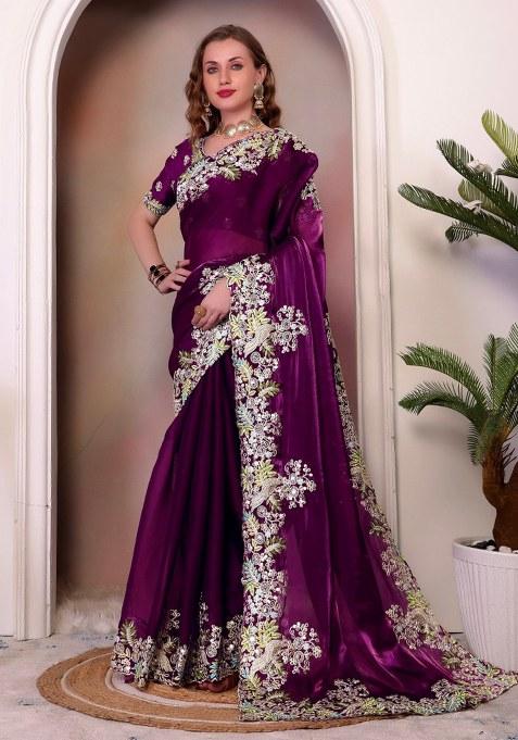 Wine Embroidered Chiffon Saree Set