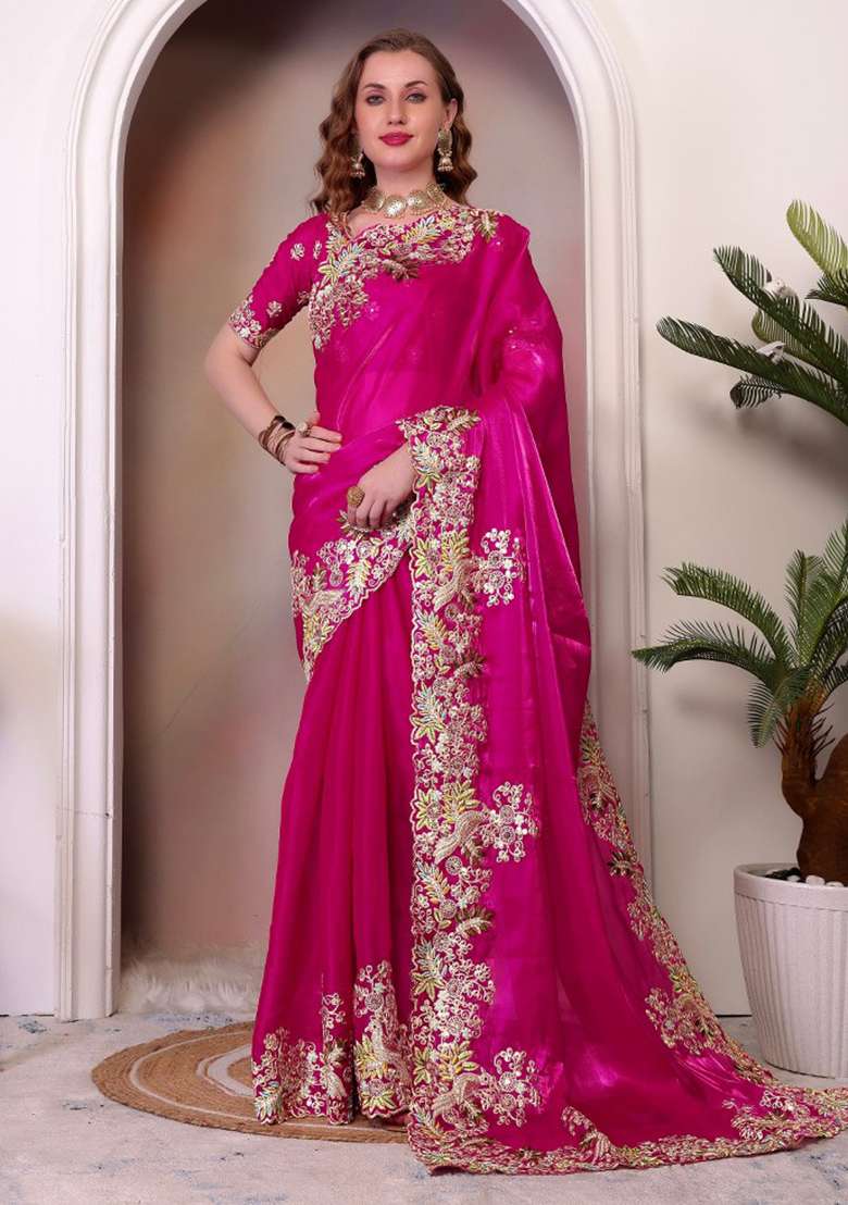 Pink Embroidered Chiffon Saree Set for Diwali and Festive Wear - Indya