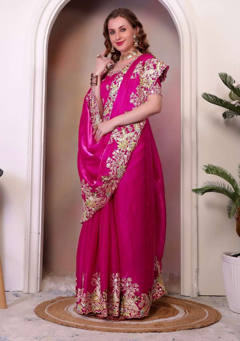 Pink Embroidered Chiffon Saree Set for Diwali and Festive Wear - Indya