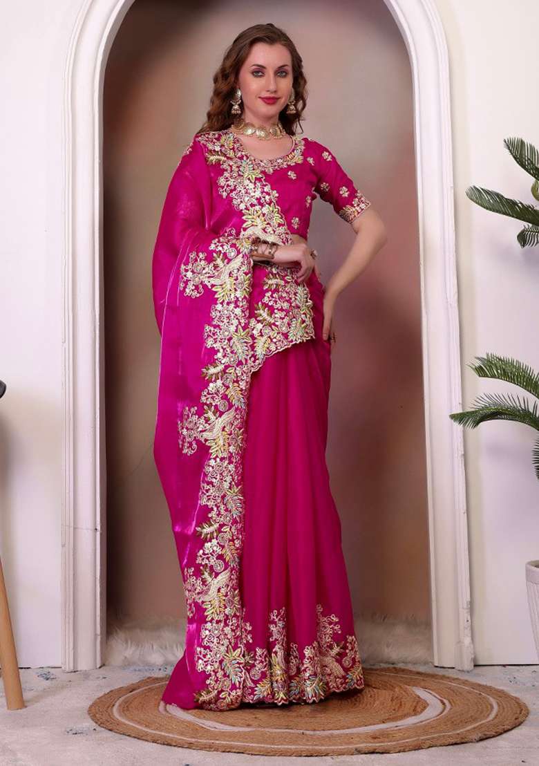Pink Embroidered Chiffon Saree Set for Diwali and Festive Wear - Indya