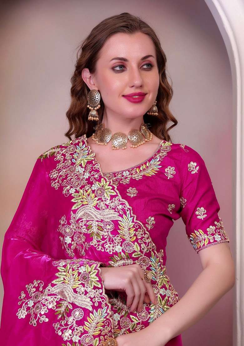 Pink Embroidered Chiffon Saree Set for Diwali and Festive Wear - Indya