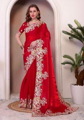 Red Embroidered Chiffon Saree Set