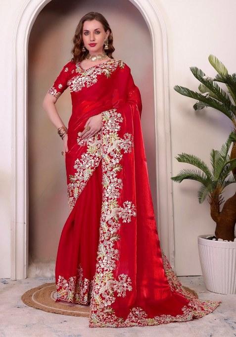 Red Embroidered Chiffon Saree Set