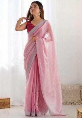 Pink Embroidered Chiffon Saree Set
