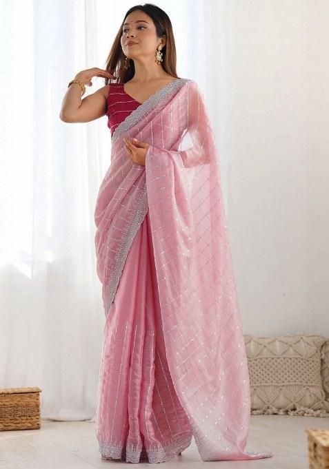 Pink Embroidered Chiffon Saree Set