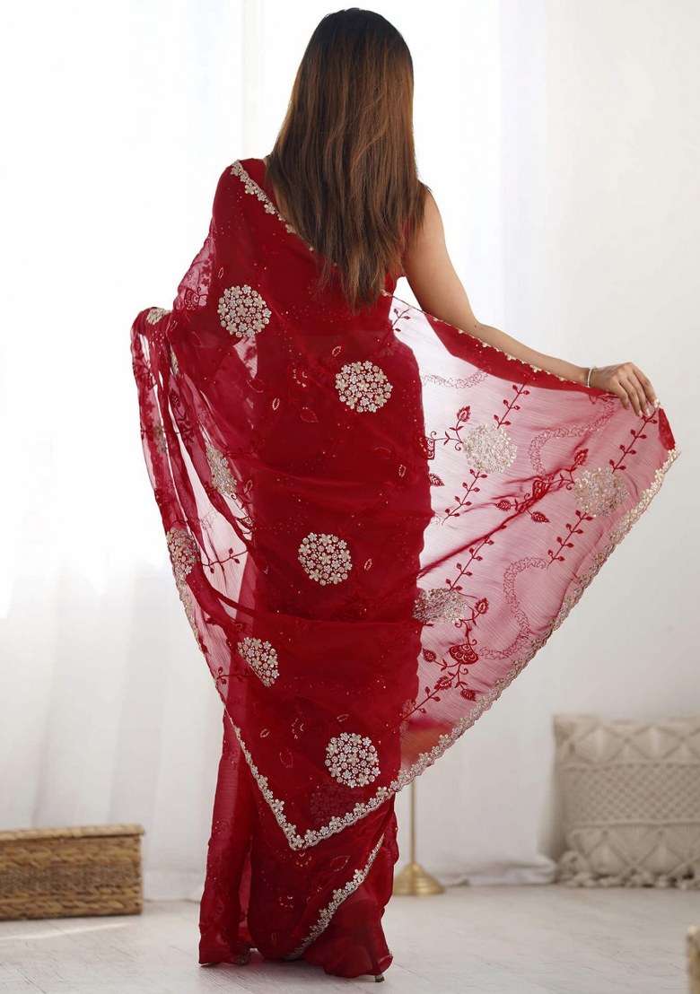 Red Chiffon Saree Set with Embroidered for Diwali | Wedding & Festive Wear - Indya