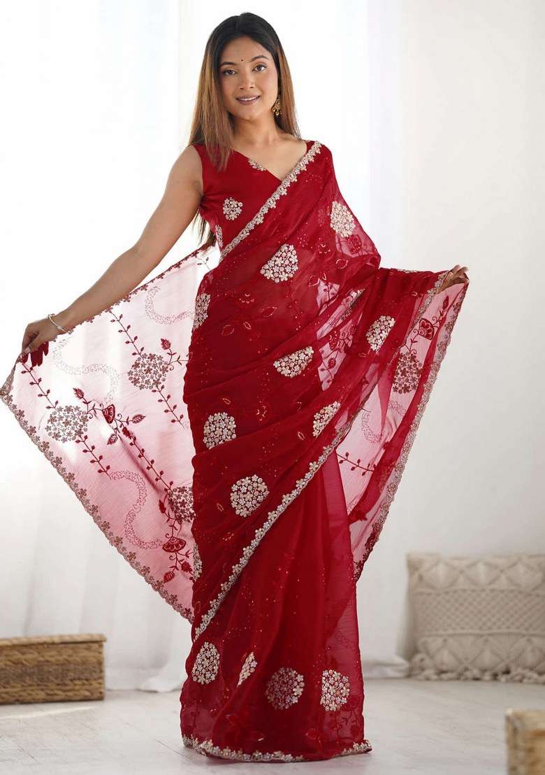 Red Chiffon Saree Set with Embroidered for Diwali | Wedding & Festive Wear - Indya