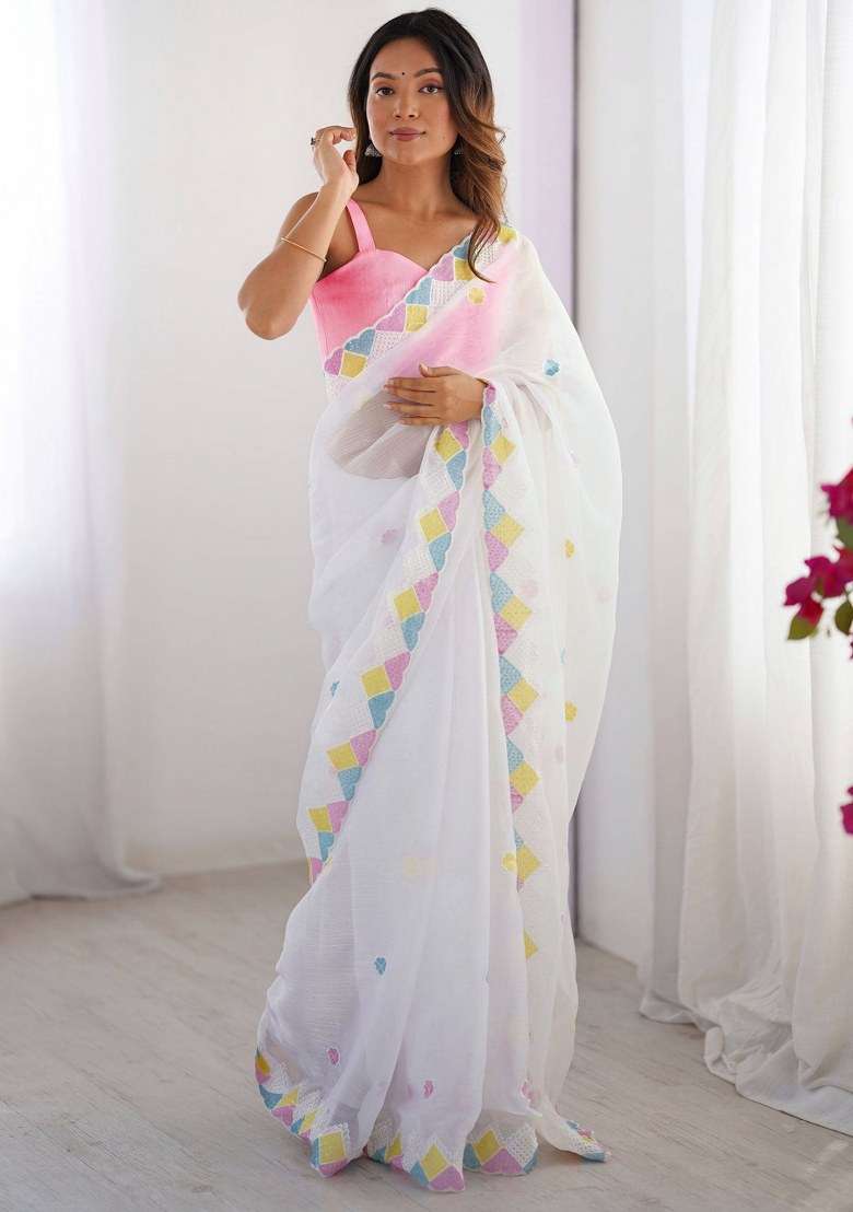 White Embroidered Chiffon Saree Set for Diwali and Festive Wear - Indya