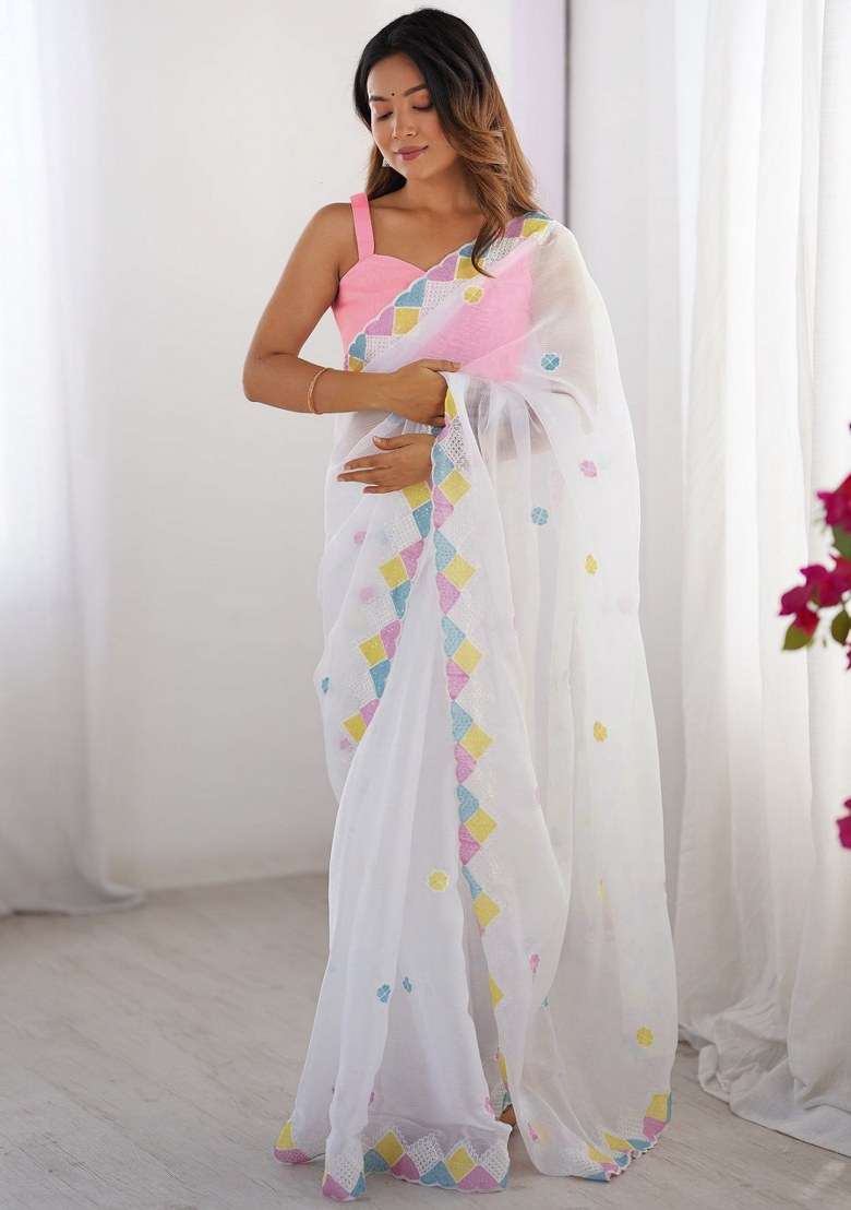 White Embroidered Chiffon Saree Set for Diwali and Festive Wear - Indya