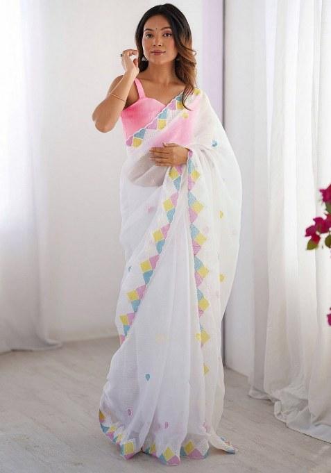 White Embroidered Chiffon Saree Set