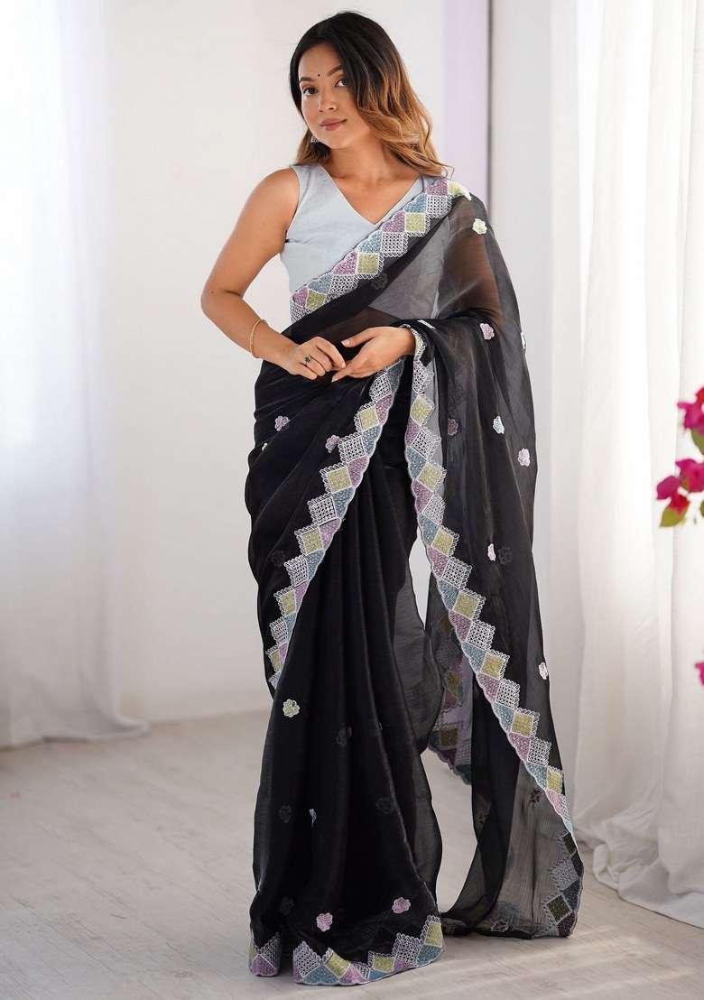 Black Chiffon Saree Set with Embroidered for Diwali | Wedding & Festive Wear - Indya