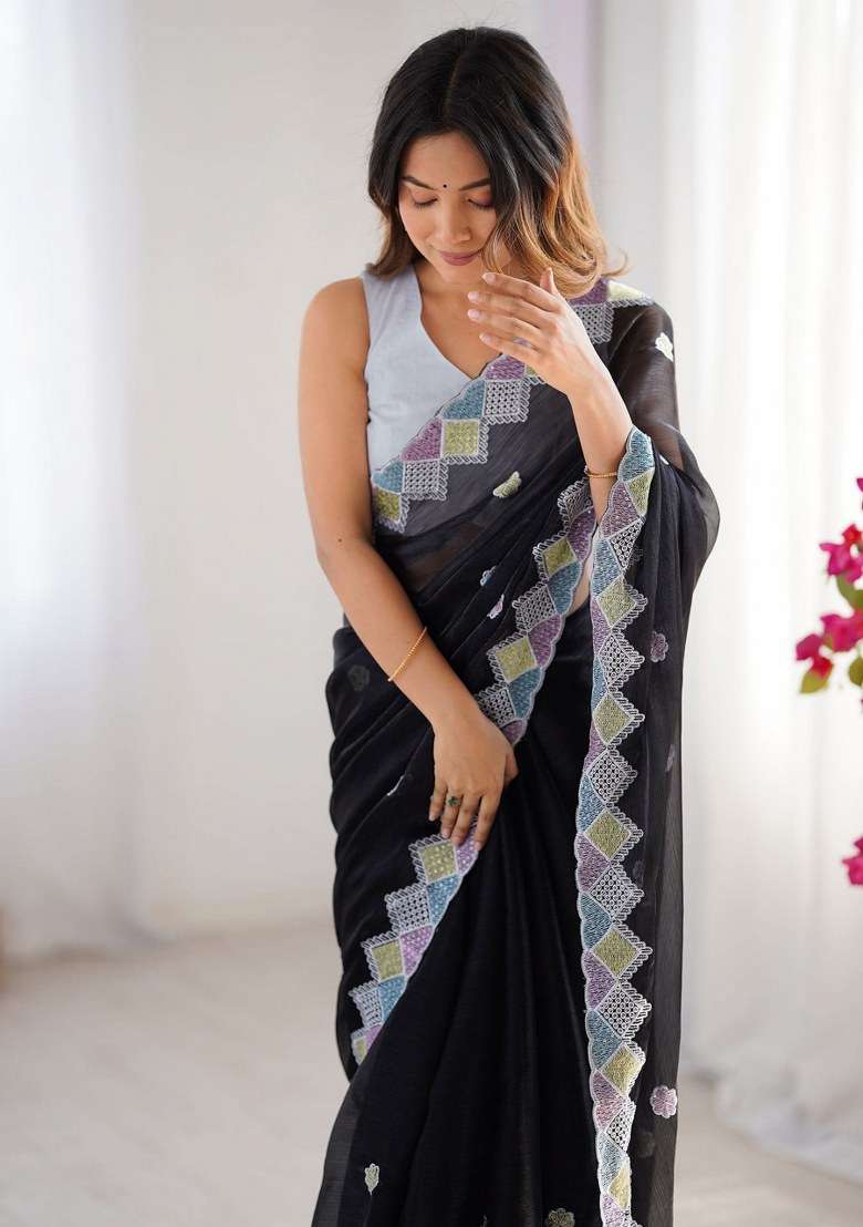 Black Chiffon Saree Set with Embroidered for Diwali | Wedding & Festive Wear - Indya
