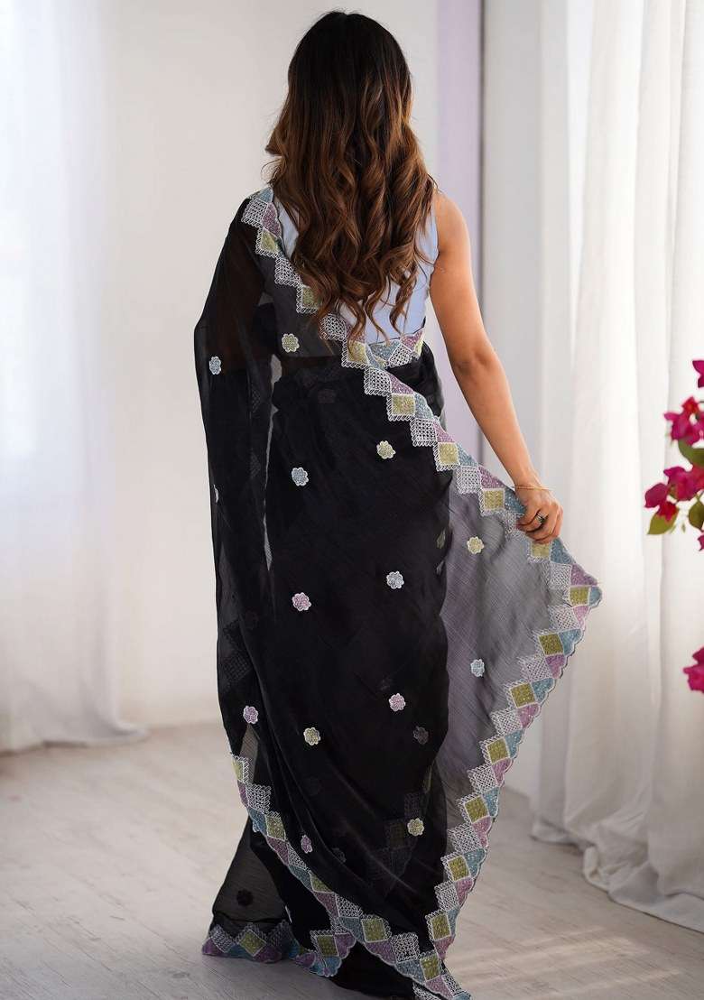 Black Chiffon Saree Set with Embroidered for Diwali | Wedding & Festive Wear - Indya