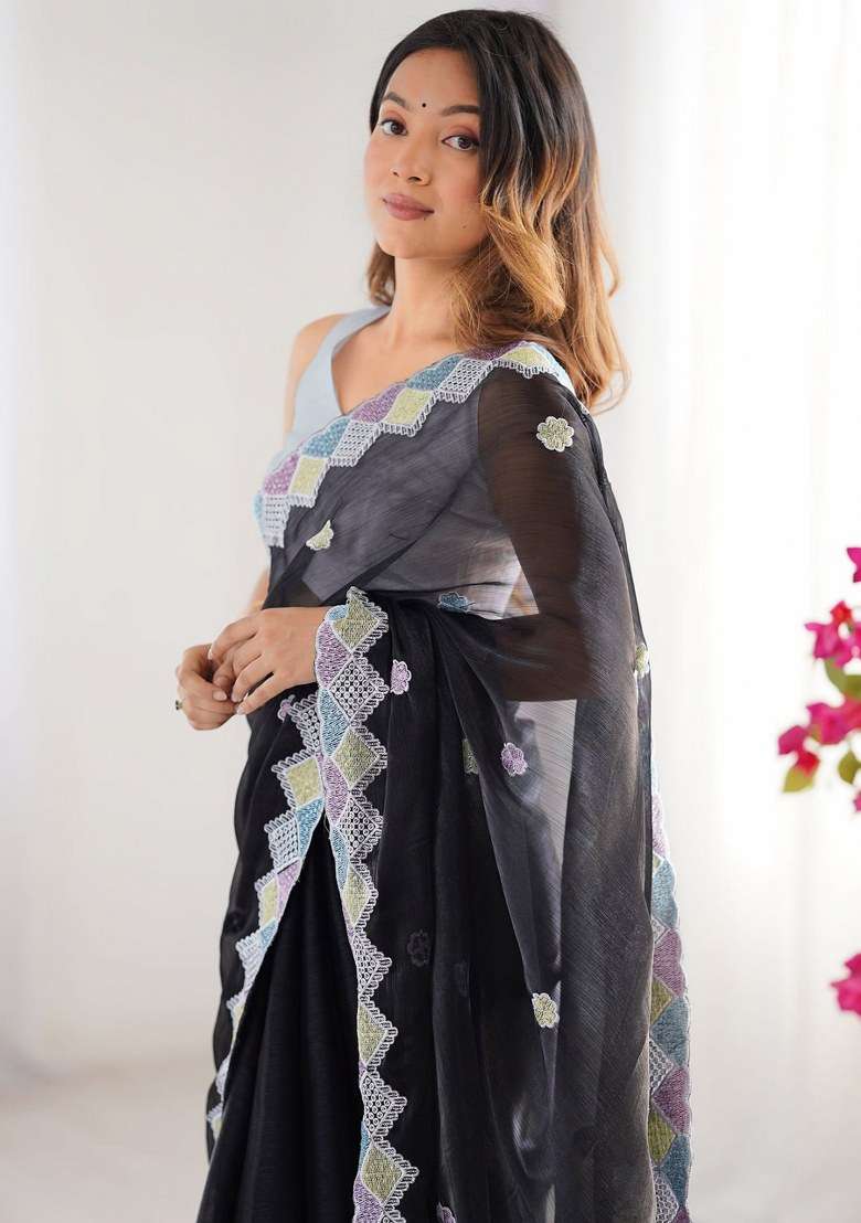 Black Chiffon Saree Set with Embroidered for Diwali | Wedding & Festive Wear - Indya