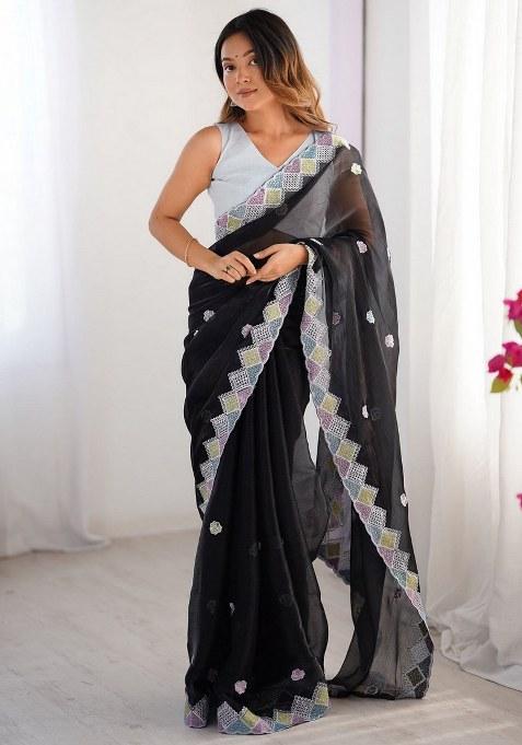 Black Embroidered Chiffon Saree Set