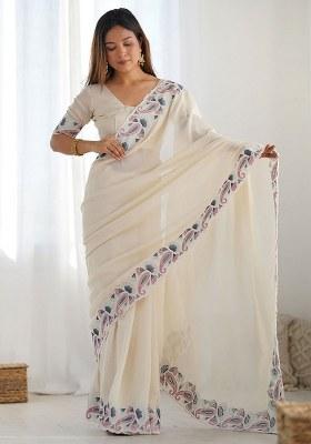 Beige Embroidered Art Silk Saree Set