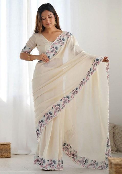 Beige Embroidered Art Silk Saree Set
